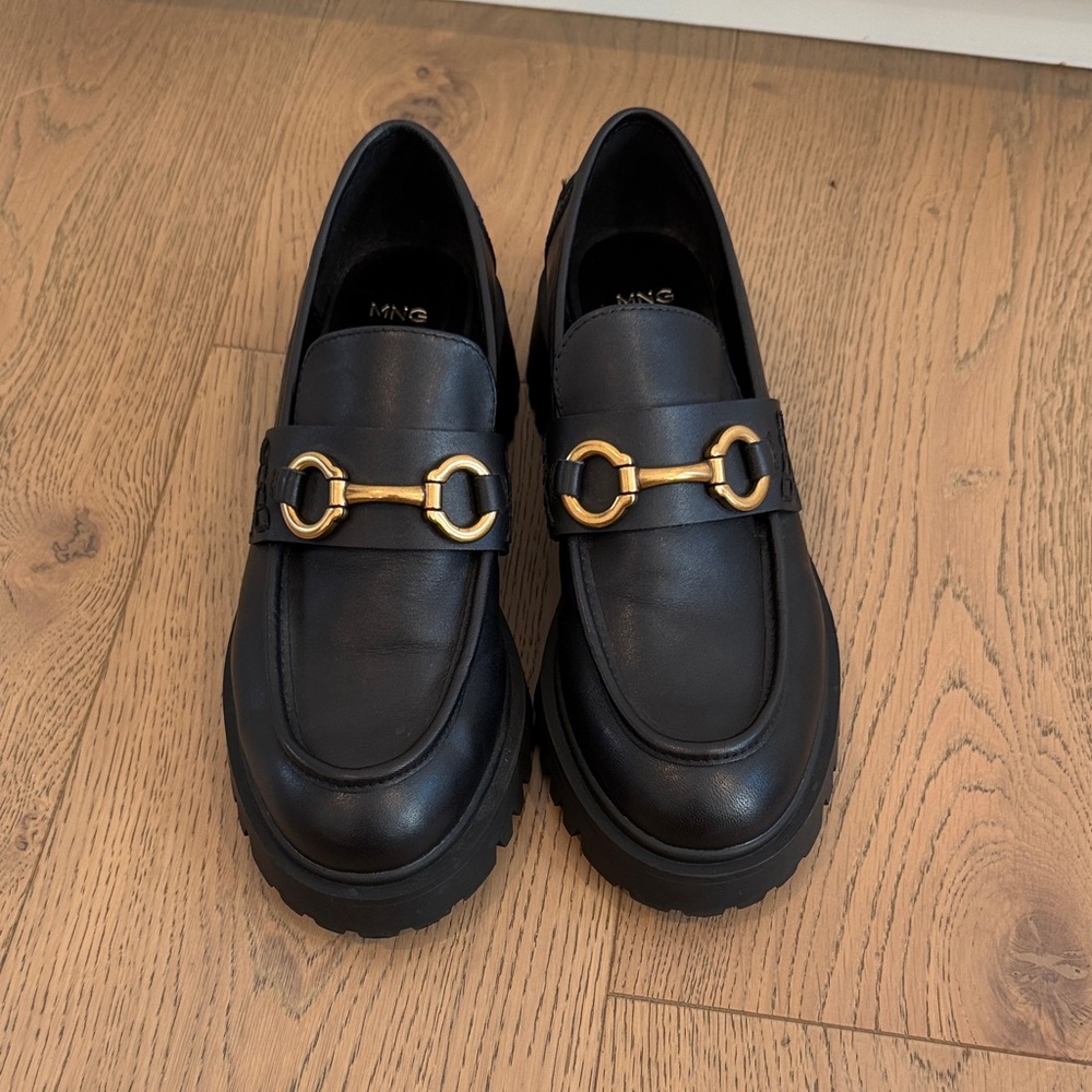 Mango Black Leather Loafers with Gold Bit Detail